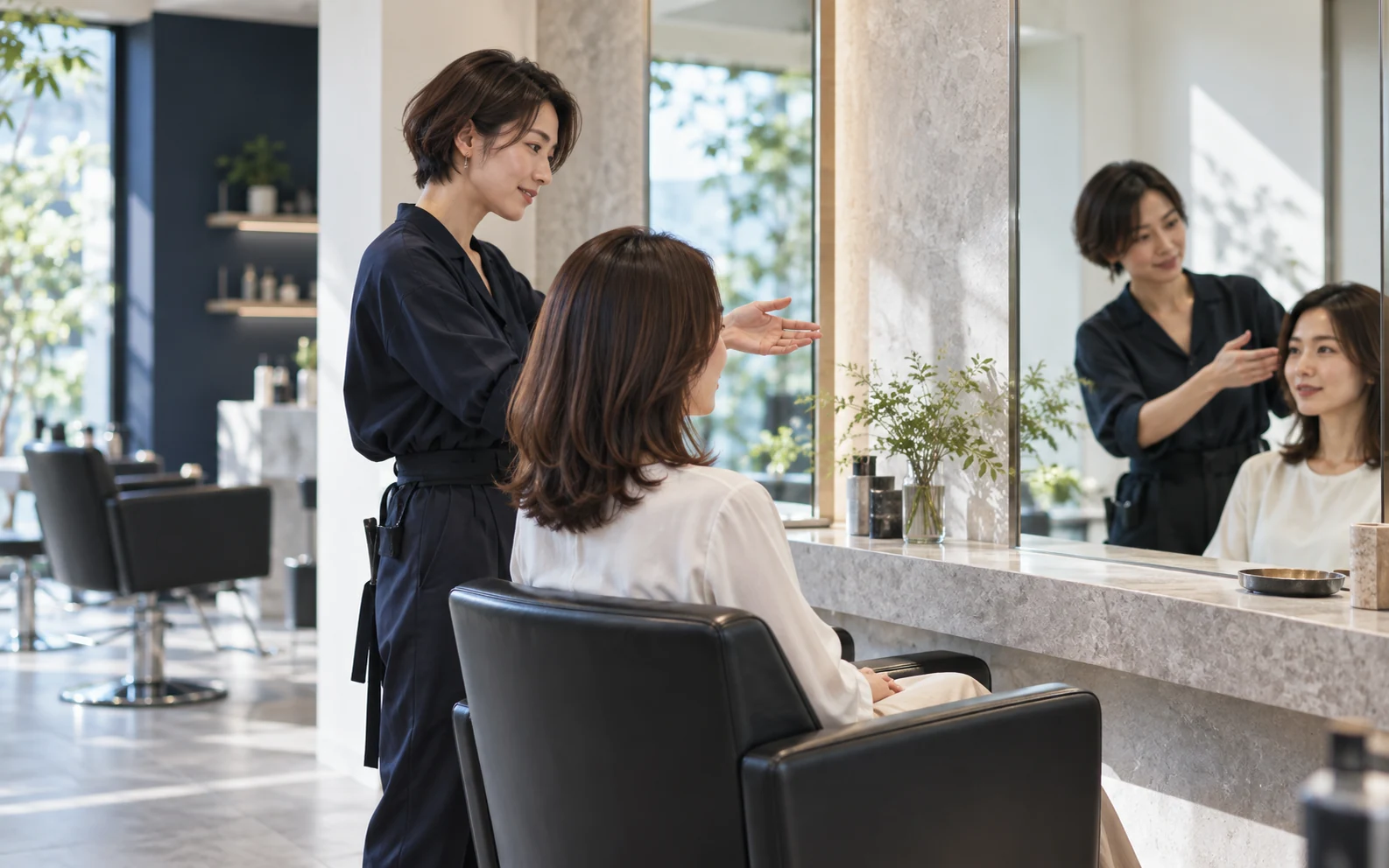 美容室でスタイリストがお客様と相談するイメージ