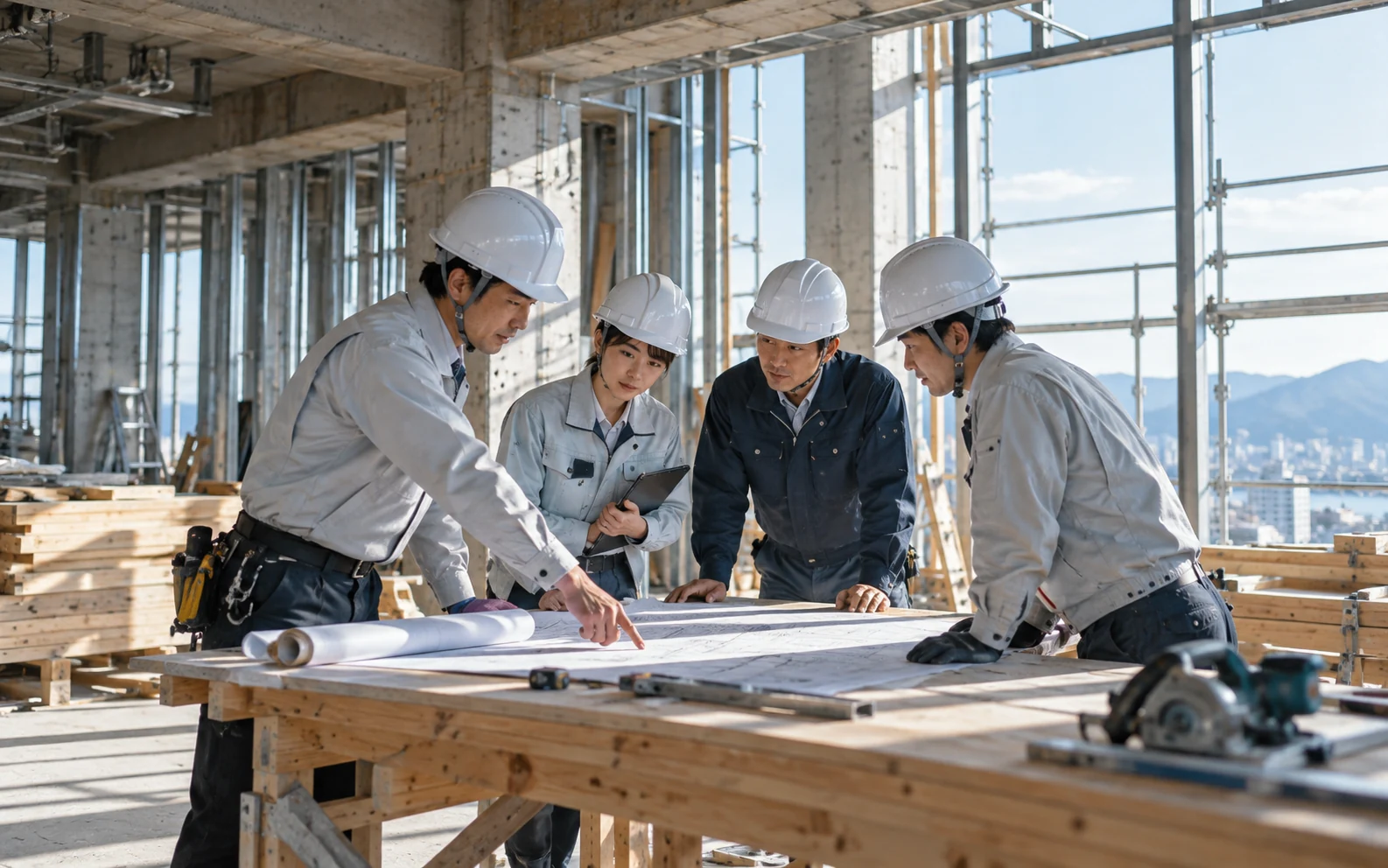 建築現場で職人たちが図面を確認するイメージ