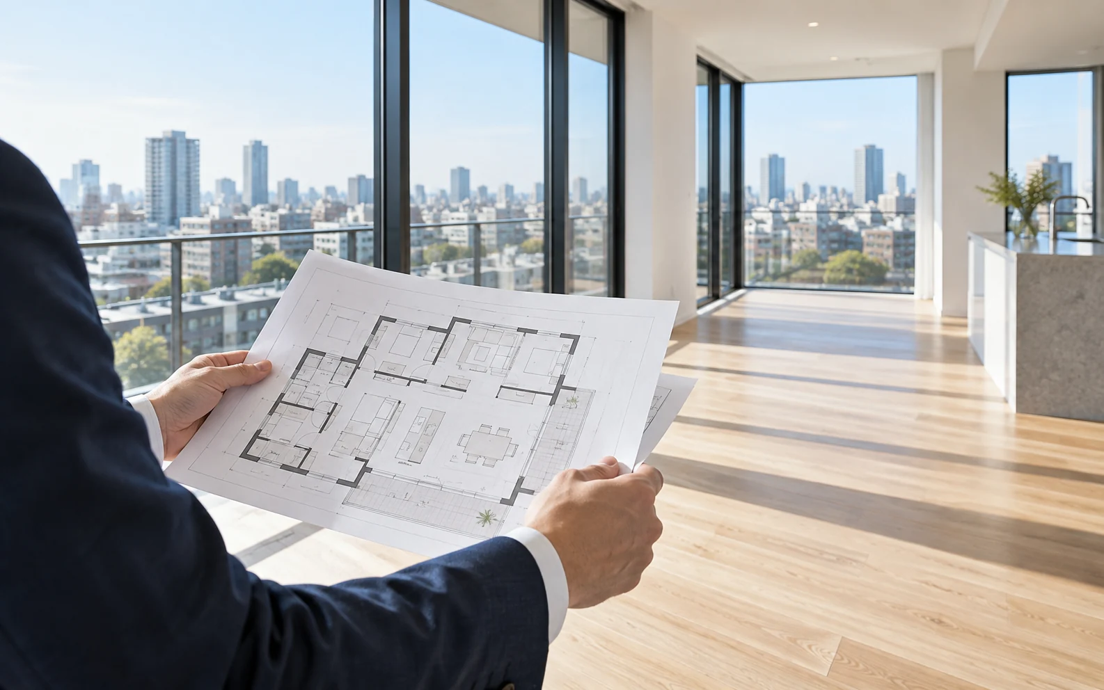 明るい都市の住まいで間取り図を確認する不動産担当者のイメージ