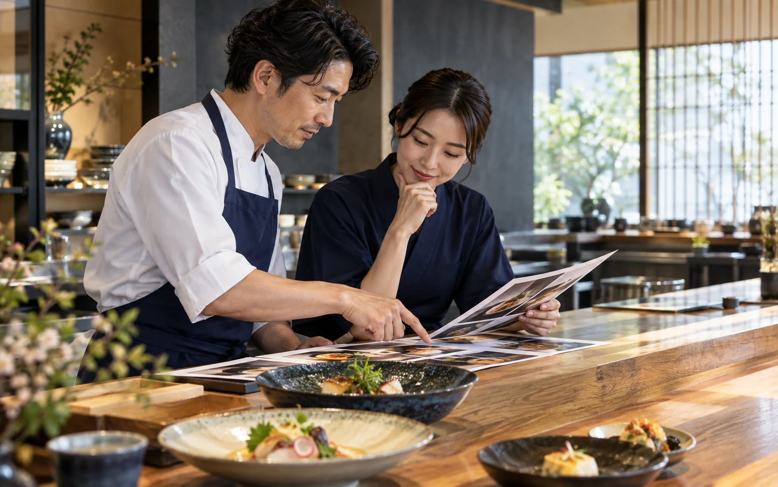 飲食店のスタッフが料理とメニュー写真を確認するイメージ