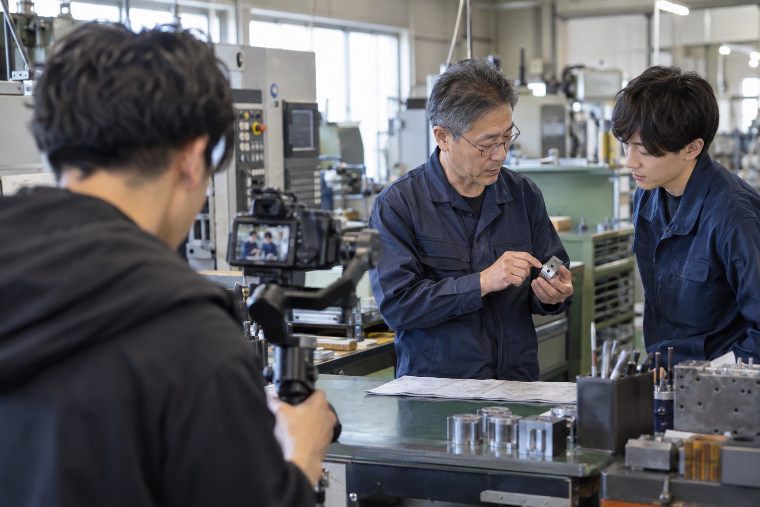 ものづくりの現場でスタッフの仕事をカメラ撮影する様子